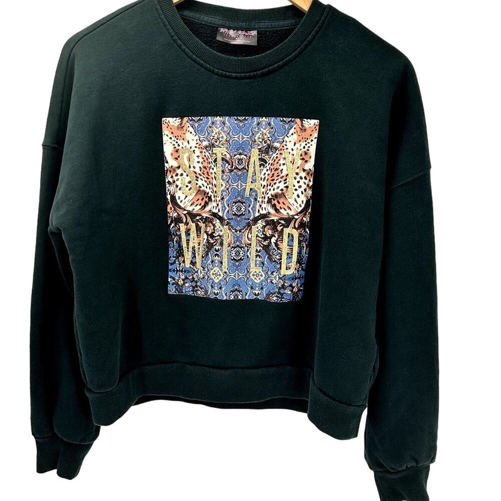 Betsey Johnson Sweatshirt Womens Medium STAY WILD Green‎ Crop Performance